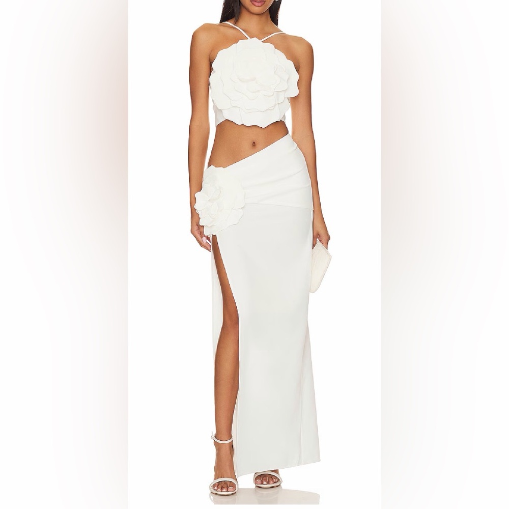 Lovers + Friends White Two-Piece Maxi Dress with Floral Appliqués